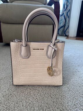 Michael Kors Pale Cream Croc-Embossed Mini Satchel with Gold Charm